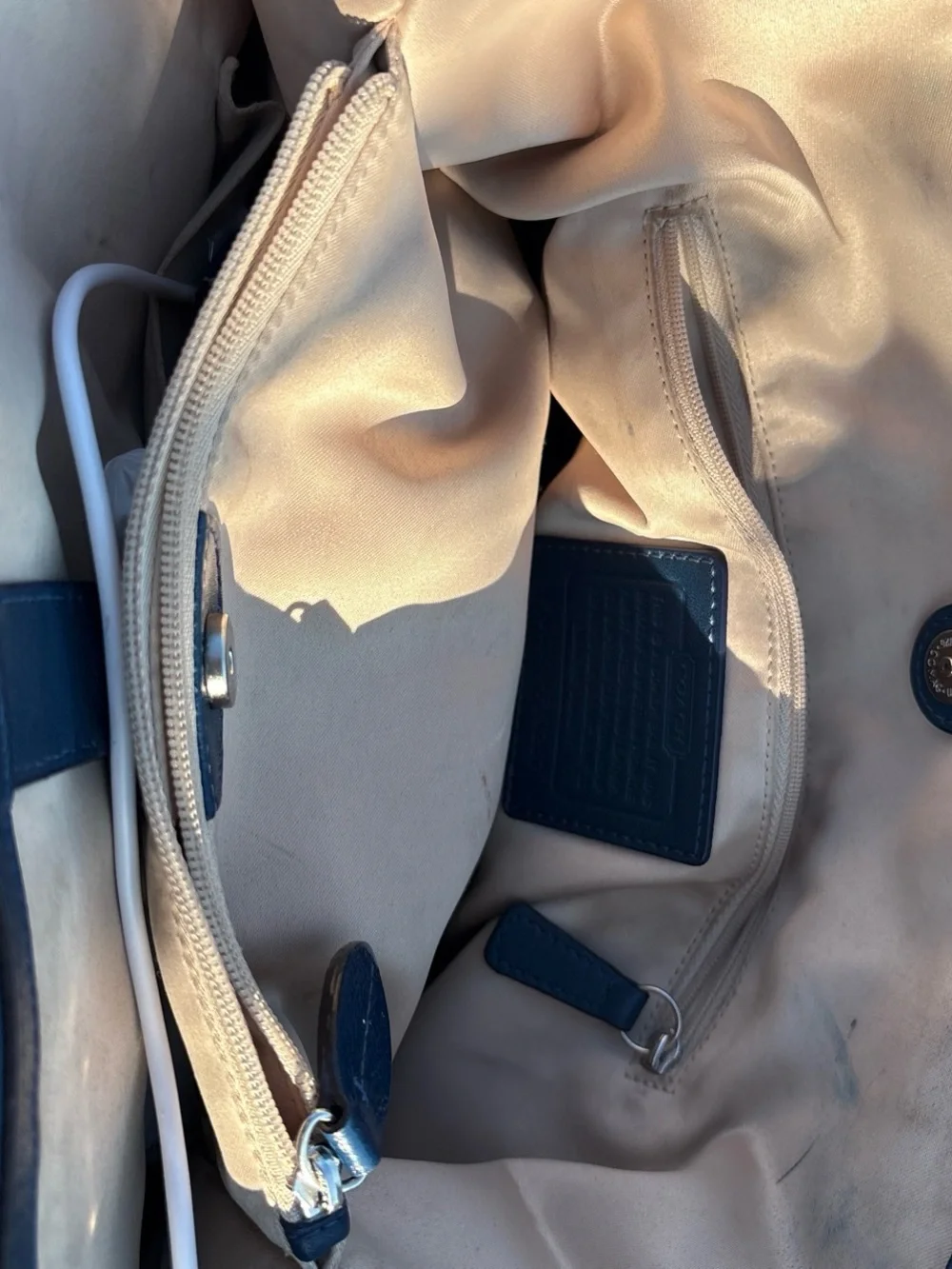 Coach Beige Signature Canvas Shoulder Bag with Navy Trim